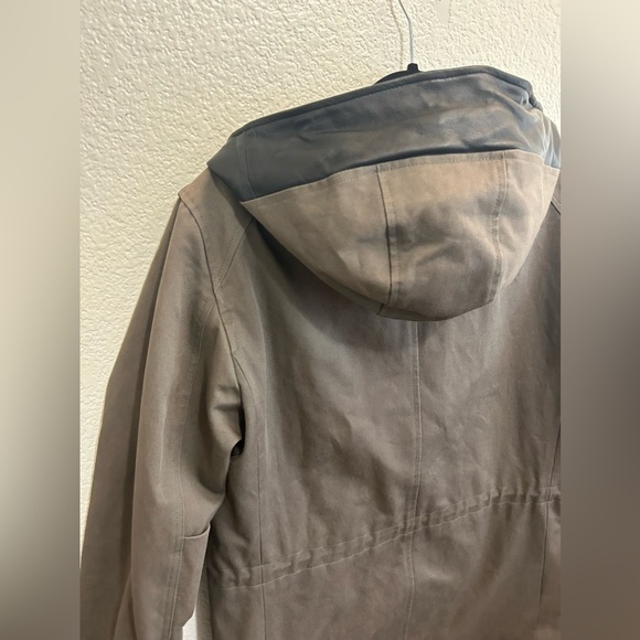 The Kooples Brown Gray Cotton Twill Leather Trim Mens Fishtail Parka Jacket - Picture 14 of 16